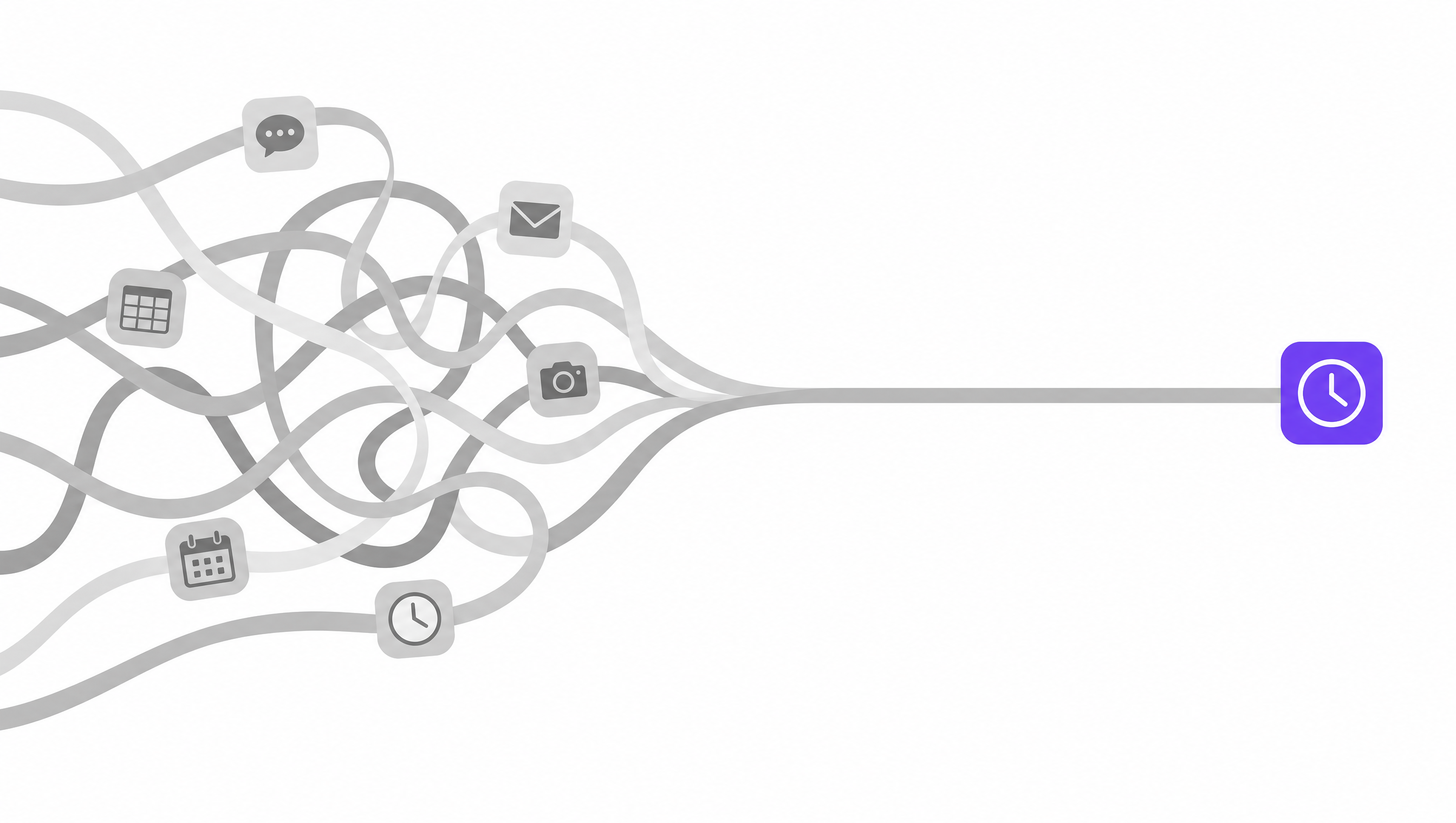 Tangled gray ribbons carrying scattered app icons, resolving into one clean line ending at Deskmate